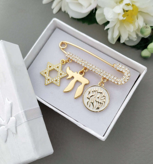 gold white Jewish Chai stroller pin