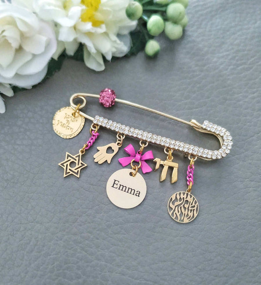 Jewish Stroller Pin with baby name, the Chai chaim Judaica Jewelry, bris Newborn Gift