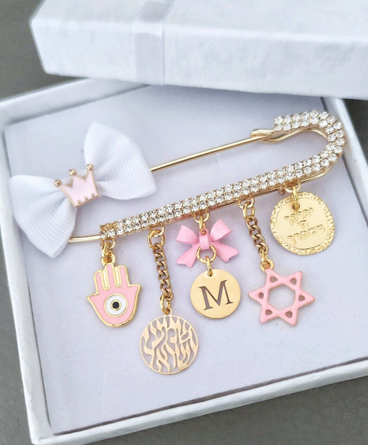large pink gold Jewish stroller pin for girls, bris gifts