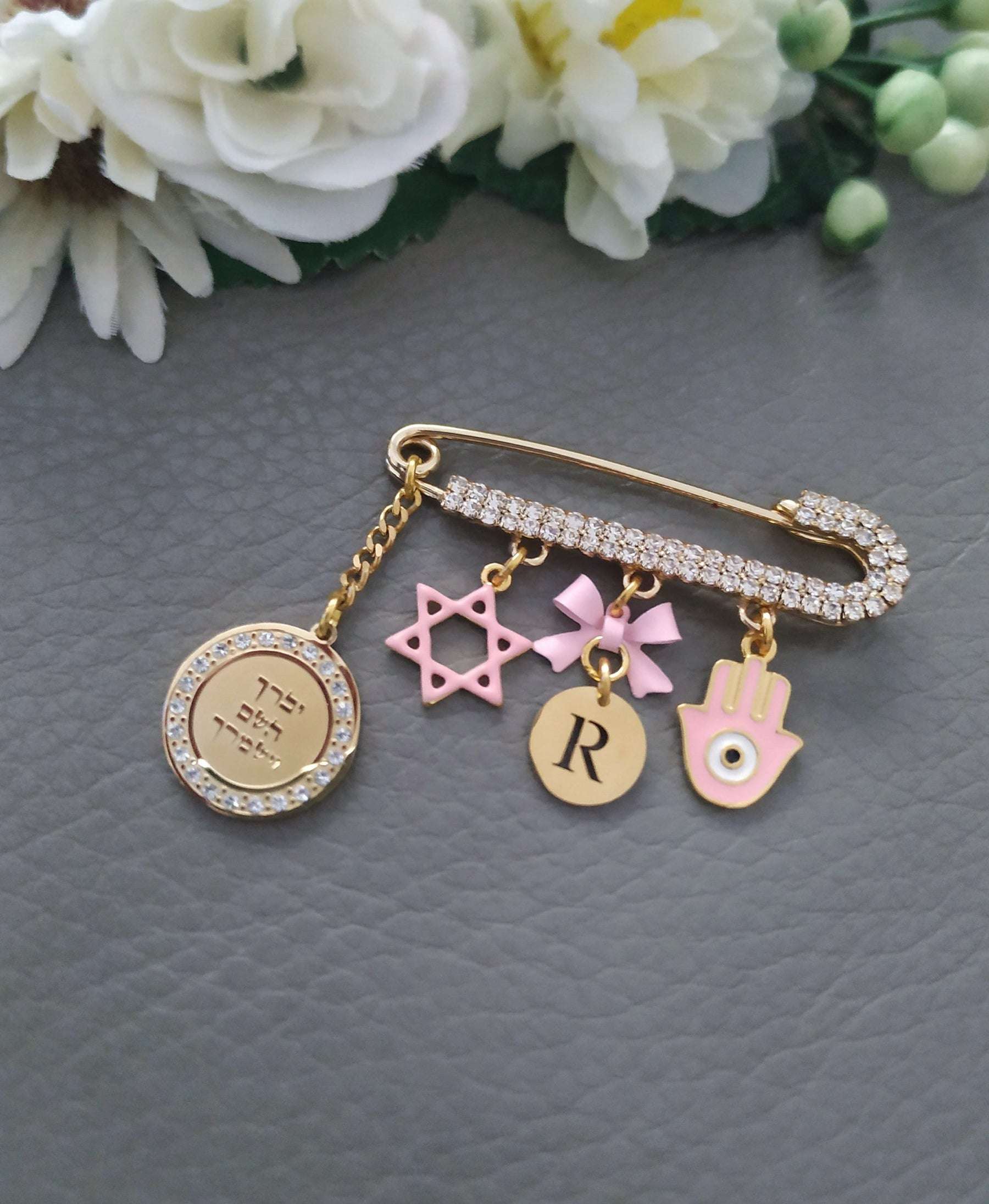 gold crystal Jewish stroller pin with priestly blessing personalized pink
