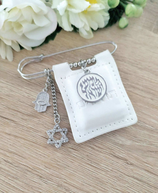 Jewish stroller pin with mini Tehillim book in silver white lather