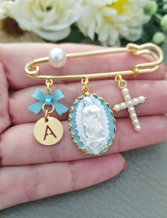 Personalized Baptism Pin with Virgin Mary and Pearl Cross