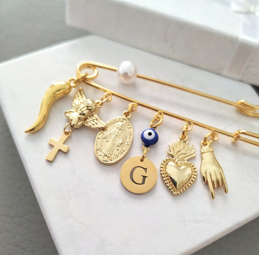 Personalized Gold Italian Horn Ex Voto stroller Pin, lucky charms jewelry, Italian gifts souvenir