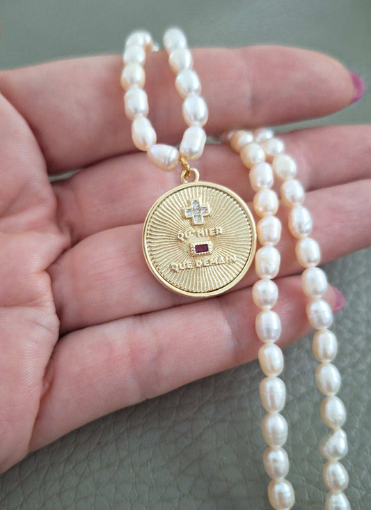  Augis INSPIRED French Love pendant necklace in 18k gold filled saying Qu'hier Que Demain with natural freshwater pearls