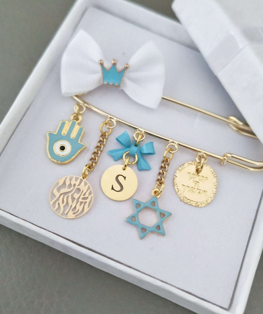 priestly blessing Jewish stroller pin, chai charm, star of David brooch, brit milah gifts