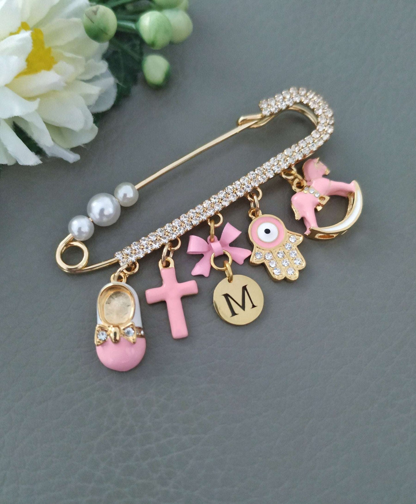Personalized Stroller Pin with Cross Multi charms