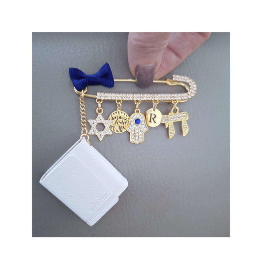 large gold Tehillim Jewish stroller Pin with blue bowknot, shema yisrael charm, Hamsa, jewish chai symbol, judaica jewelry, bris gifts