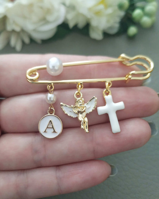 gold guardian angel safety pin with cross and personalized with initial 