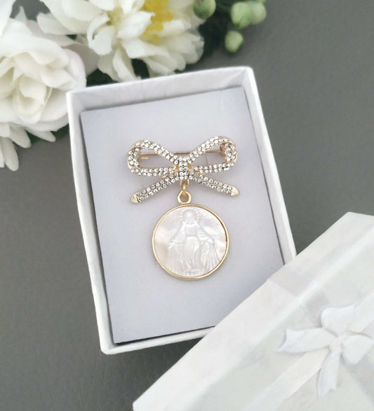 Gold Miraculous Medal Brooch Pin with crystal bowknot