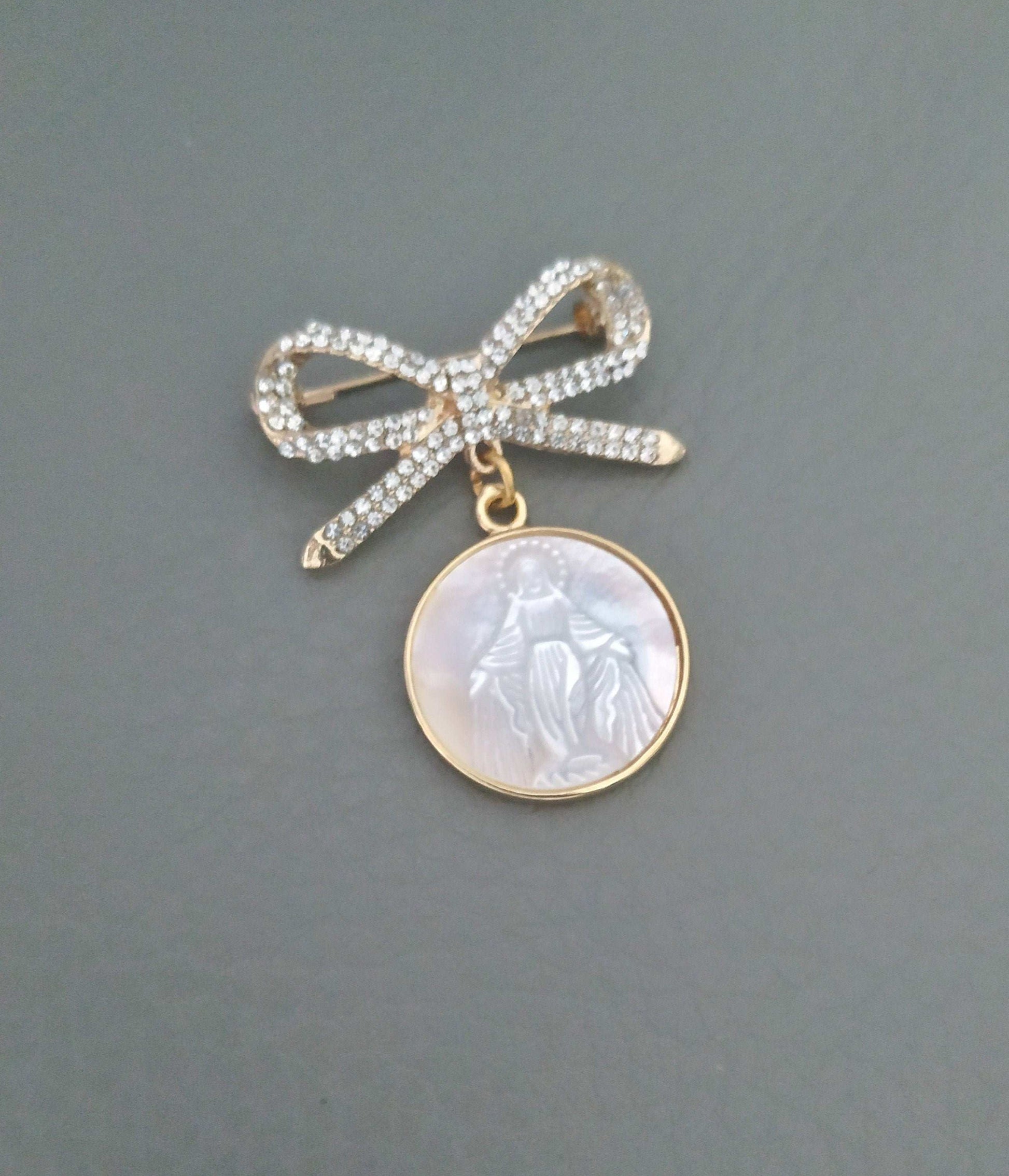 Gold Miraculous Medal Brooch Pin with crystal bowknot
