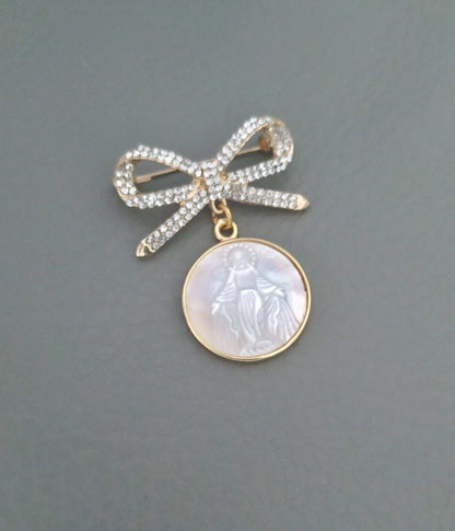 Gold Miraculous Medal Brooch Pin with crystal bowknot