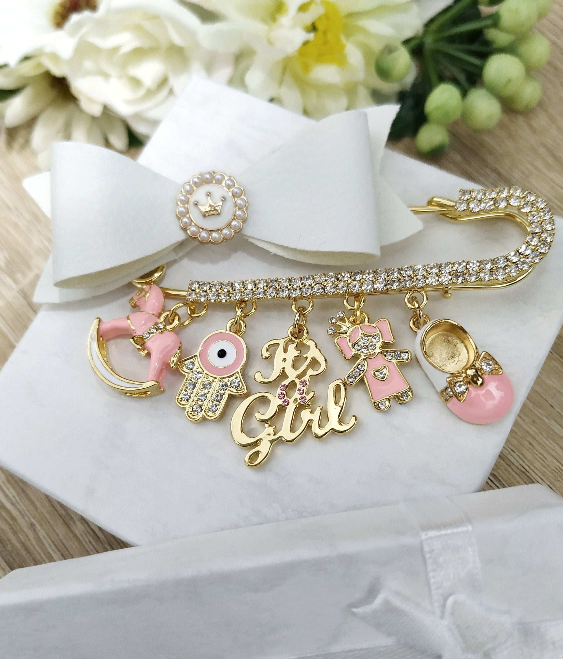 It's a Girl Pregnancy Pin, Pink Gold Stroller Jewelry, Mom to Be Baby Shower Gift