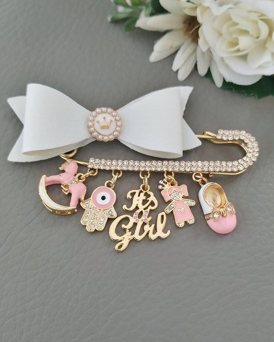 It's a Girl Pregnancy Pin, Pink Gold Stroller Jewelry, Mom to Be Baby Shower Gift