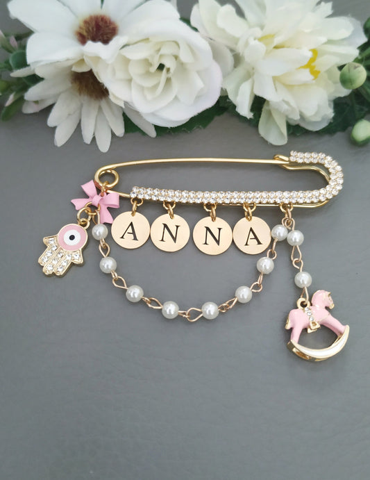 Custom Name Baby Safety Pin, Hamsa Personalized Brooch