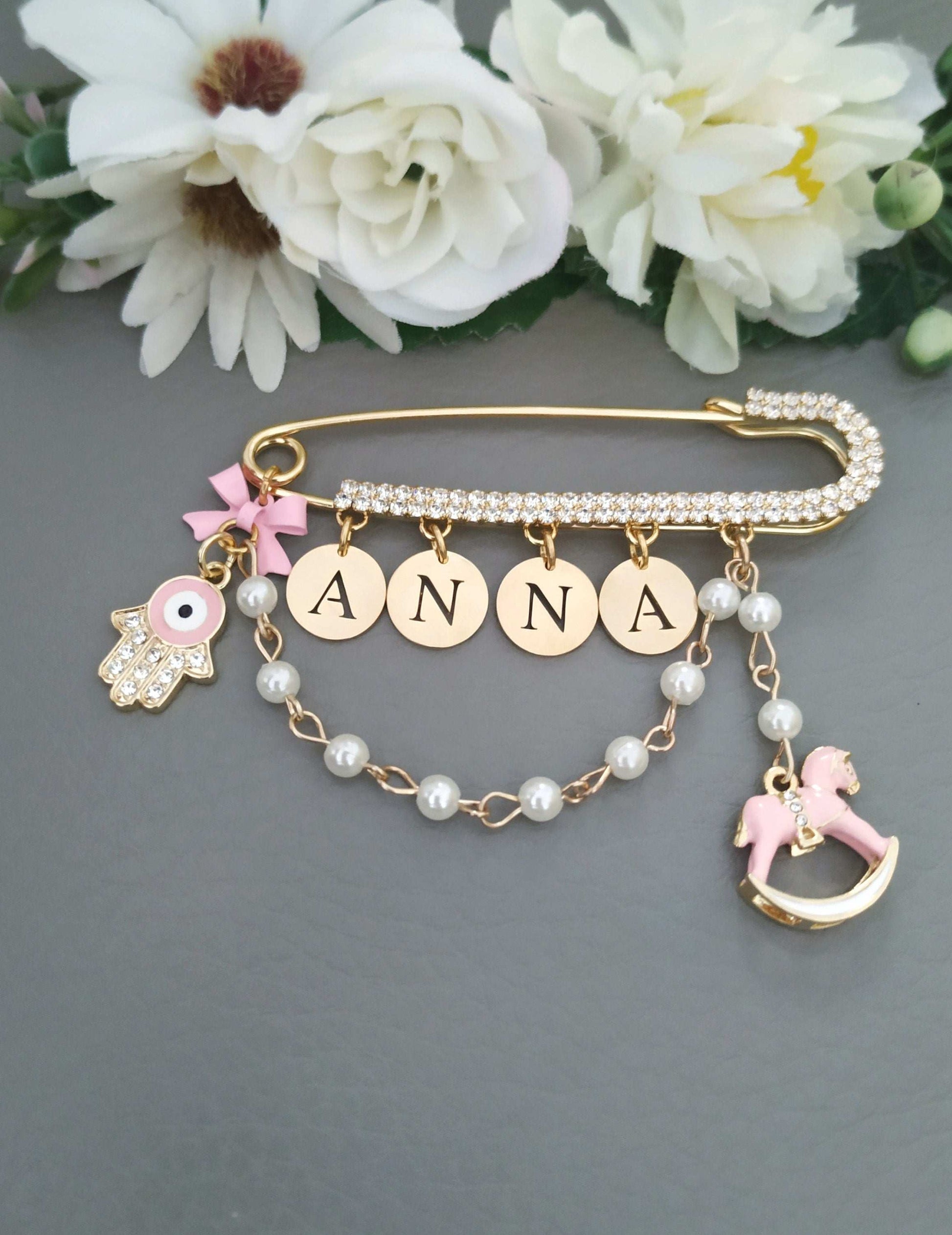 Personalized Pin for Newborn, Diamante Pearls Boy Girl Name Brooch, New Parents Gift