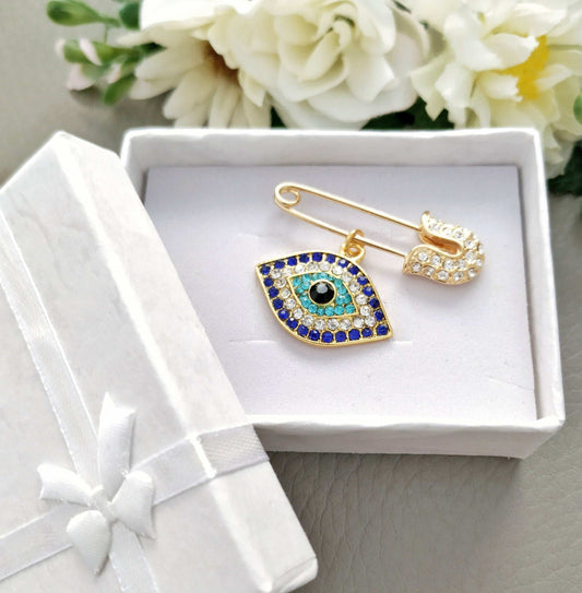 Evil Eye Diamante Safety Pin Brooch Gift Jewelry in Gold or Silver