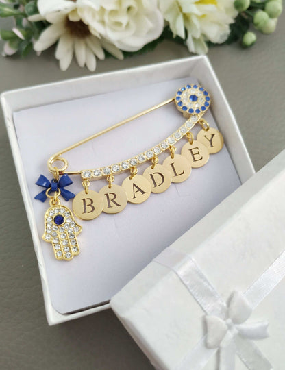 Personalization Name Pin, Hamsa Charm. Large Brooch, Diamante Jewelry