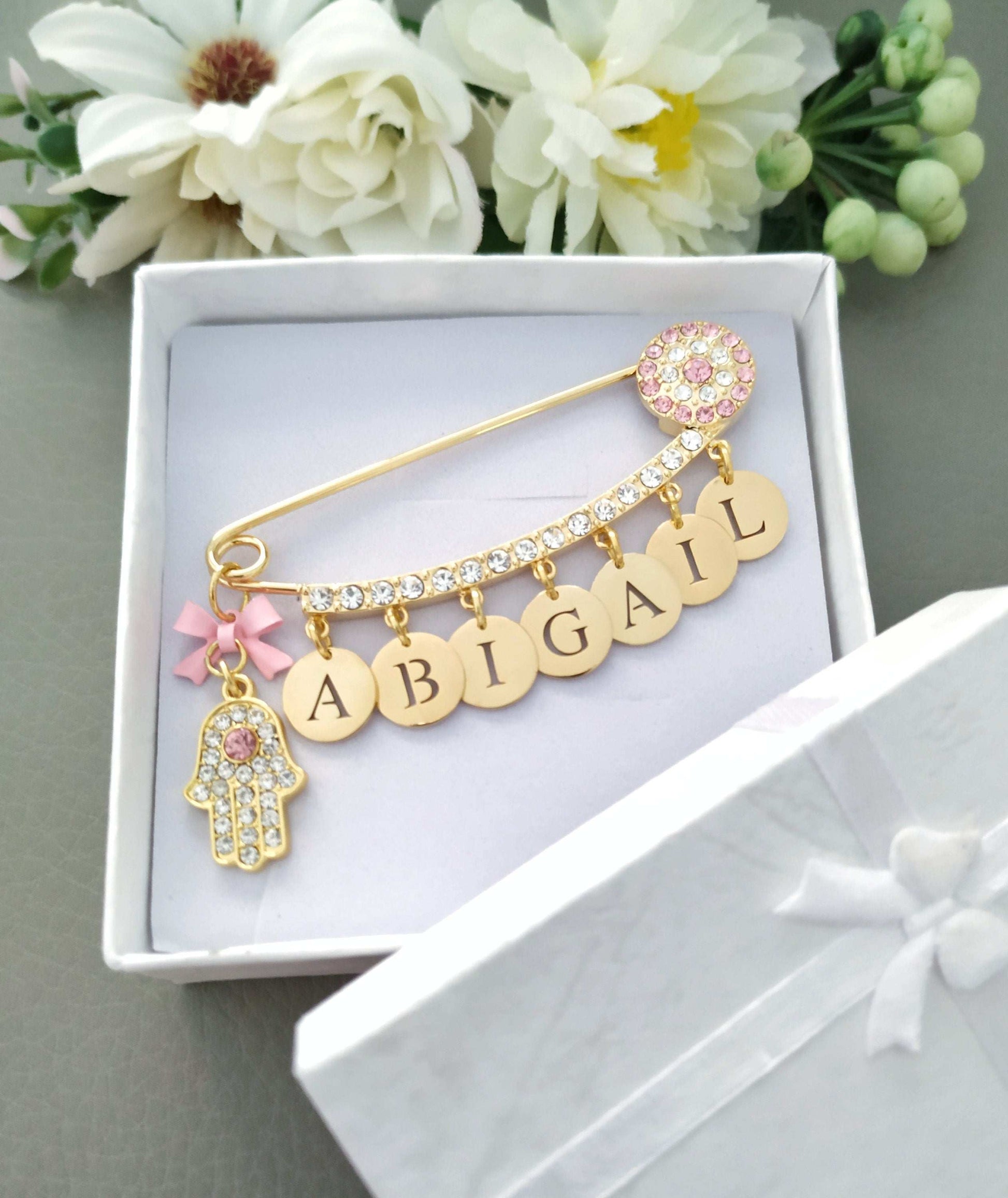Personalization Name Pin, Hamsa Charm. Large Brooch, Diamante Jewelry
