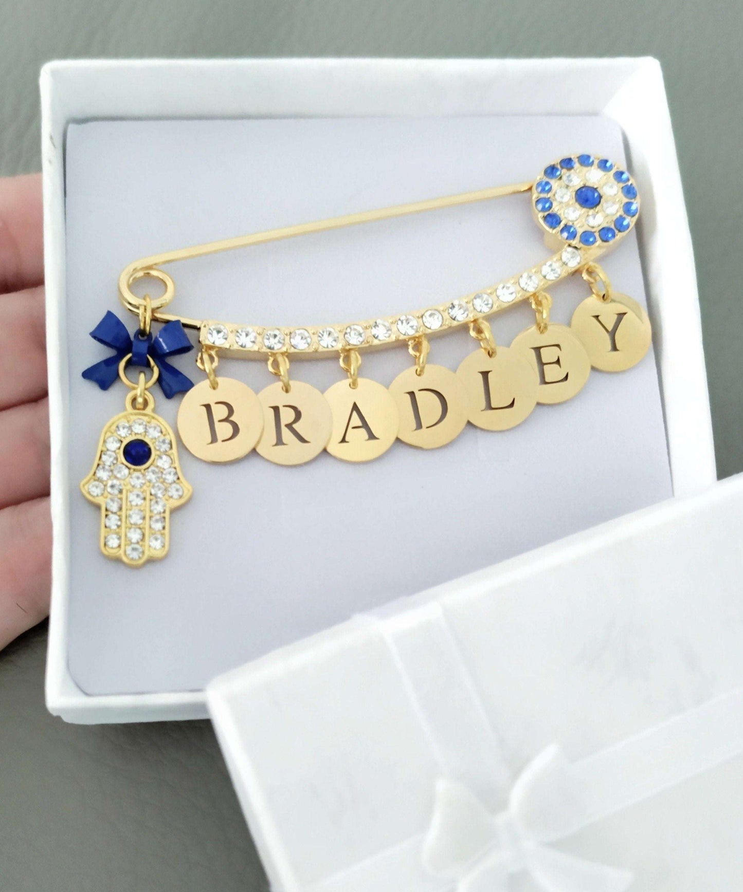 Personalization Name Pin, Hamsa Charm. Large Brooch, Diamante Jewelry