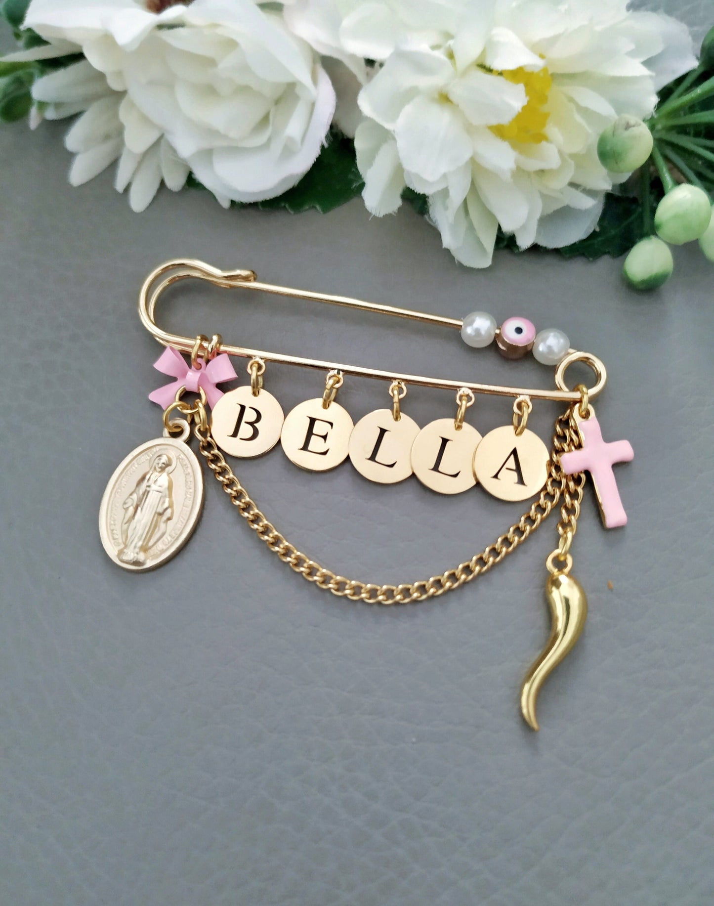 Gold Italian Horn Pin, Personalized Baby Pin, Italian Boy Girl Safety Pin, Cross Virgin Mary Stroller Pin, Baby Shower Gifts, Cornicello