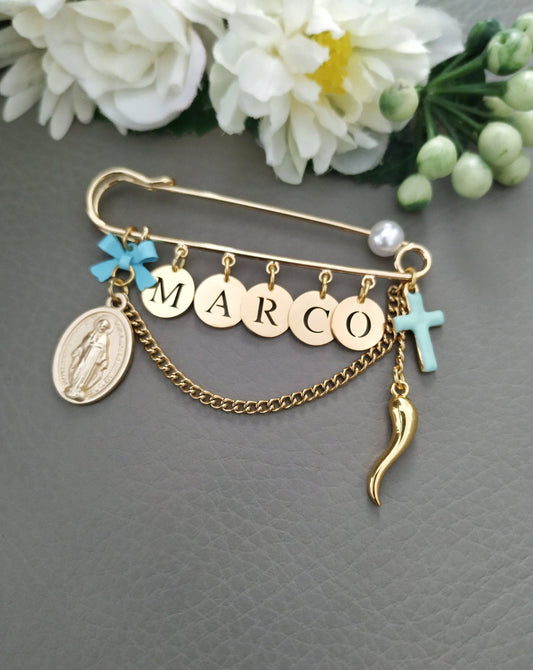 Gold Italian Horn Pin, Personalized Baby Pin, Italian Boy Girl Safety Pin, Cross Virgin Mary Stroller Pin, Baby Shower Gifts, Cornicello