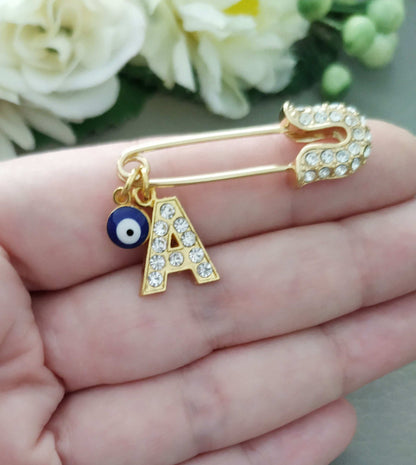 Personalized Evil Eye Pin, Gold Plated Paved Initial, Protection for Babies or Adults