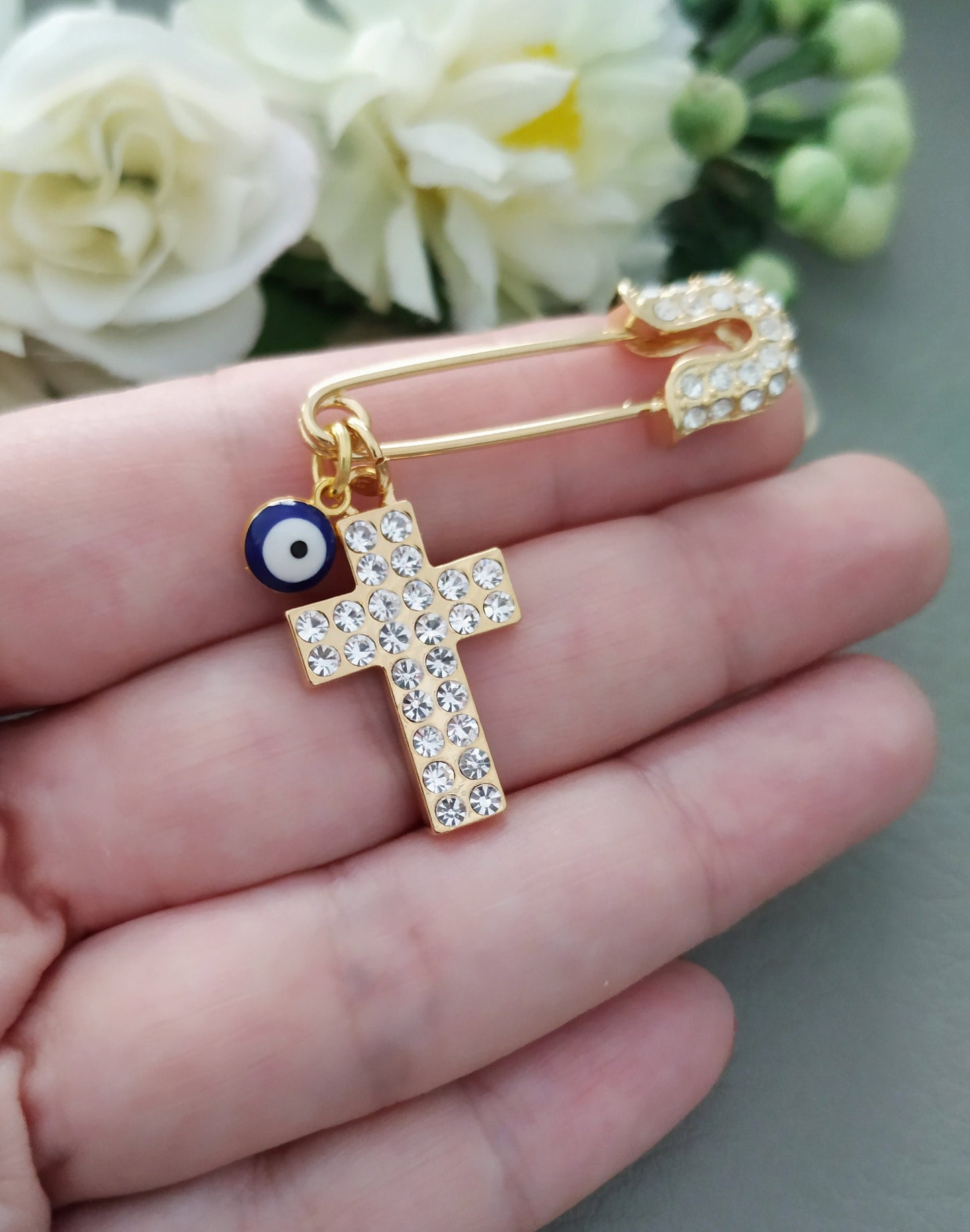 Iced Out Cross Evil Eye Pin