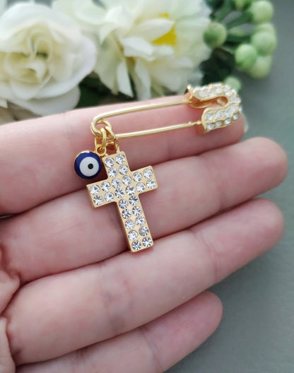 Iced Out Cross Evil Eye Pin