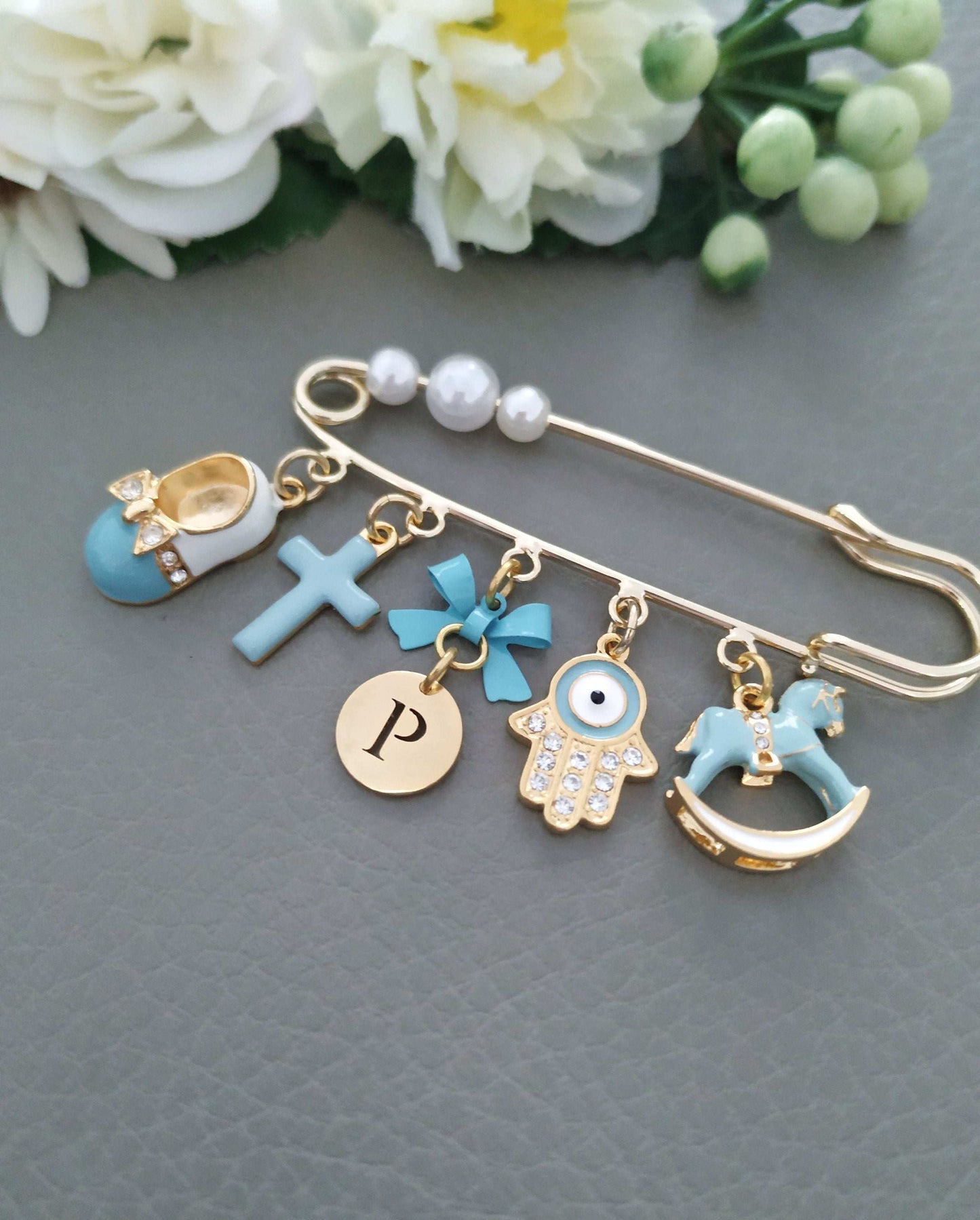 Personalized Stroller Pin with Cross Multi charms