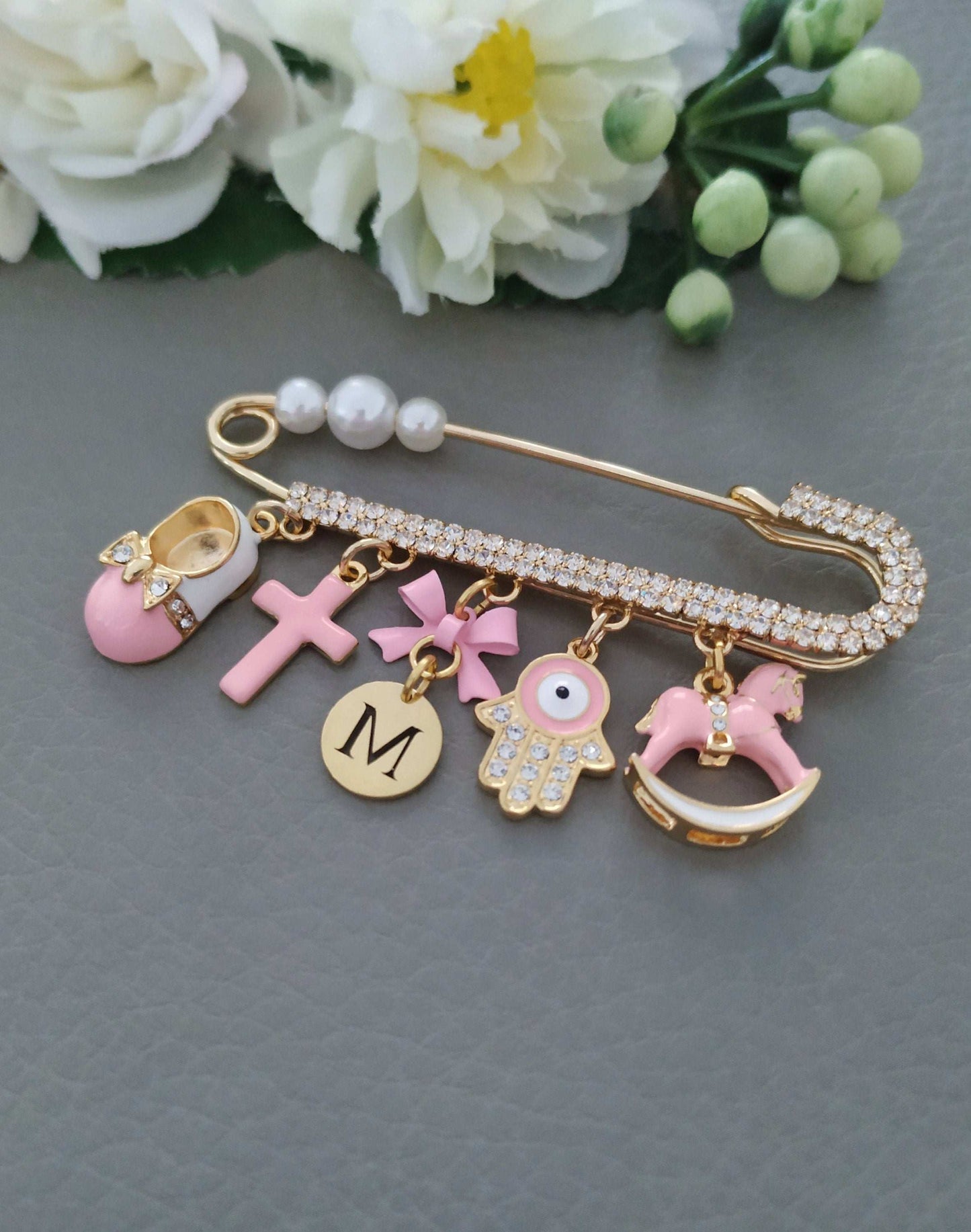 Personalized Stroller Pin with Cross Multi charms