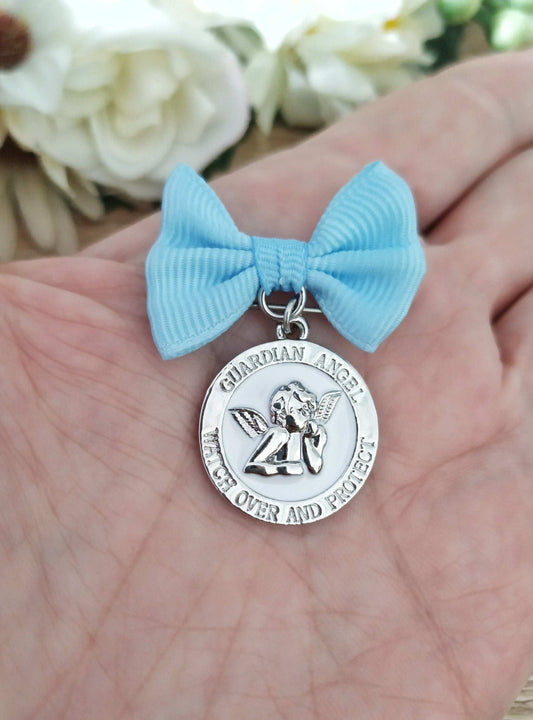 Guardian Angel Bowknot Safety Pin, Watch Over and Protect, Silver Baby Medallion, Christening Baptism Gift