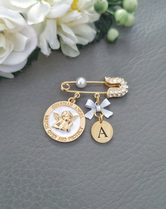 Guardian Angel Pin, Gold Watch Over and Protect Baby Brooch, Custom Boy Girl Christening Gifts, Child Keepsake