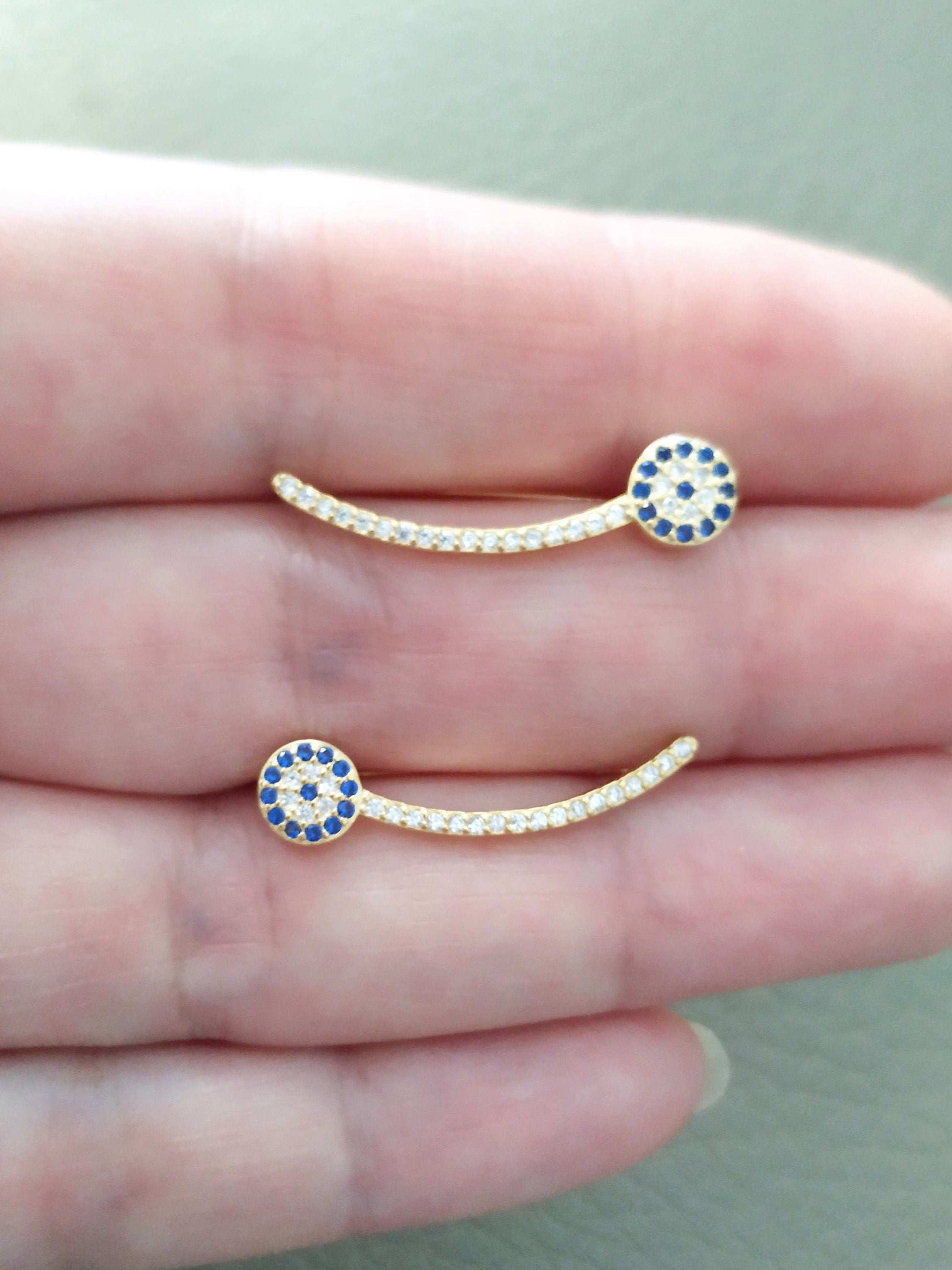 Evil Eye Earrings, Crawlers, Climbers, Sterling Silver, Zircons