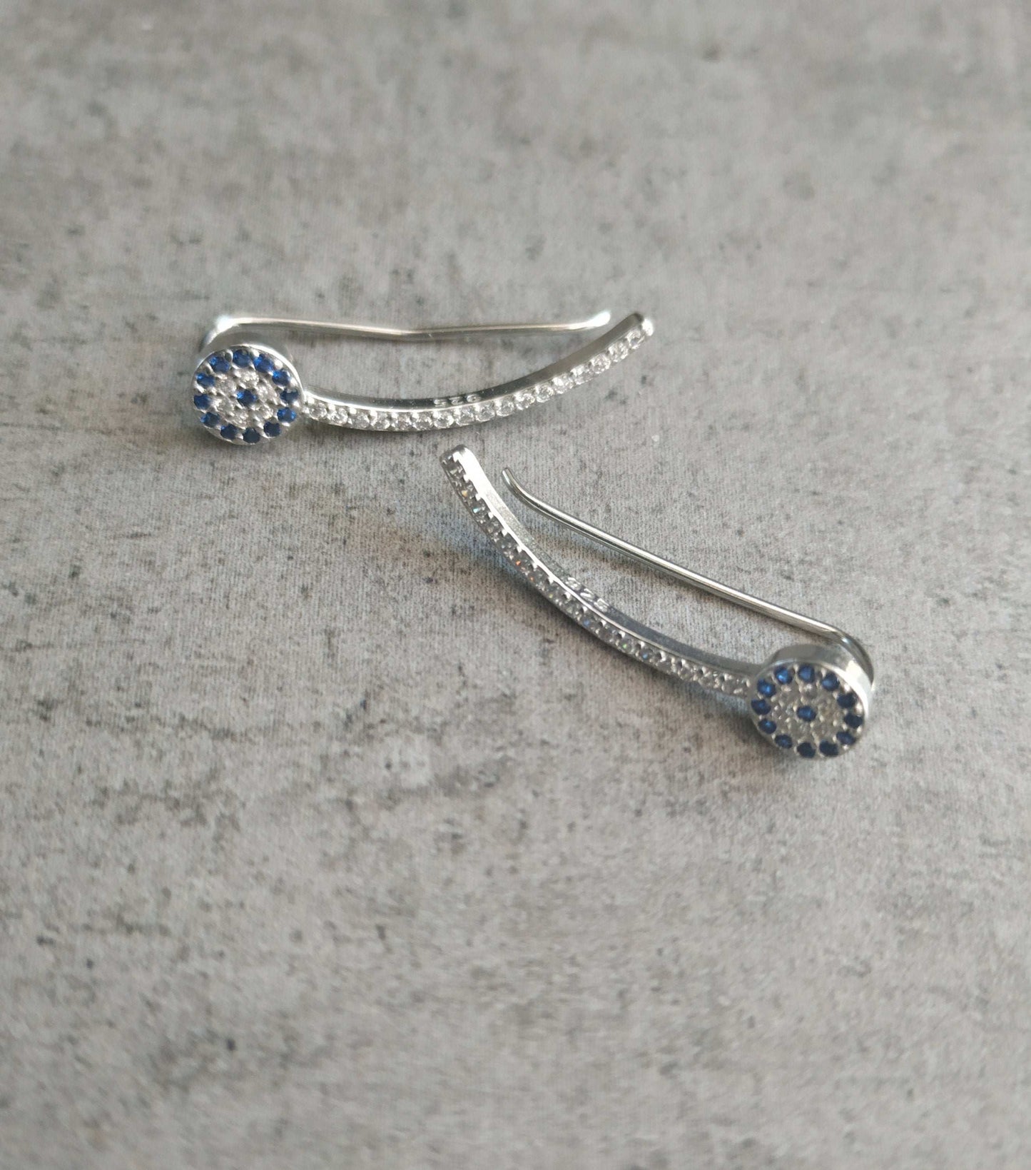 Evil Eye Earrings, Crawlers, Climbers, Sterling Silver, Zircons