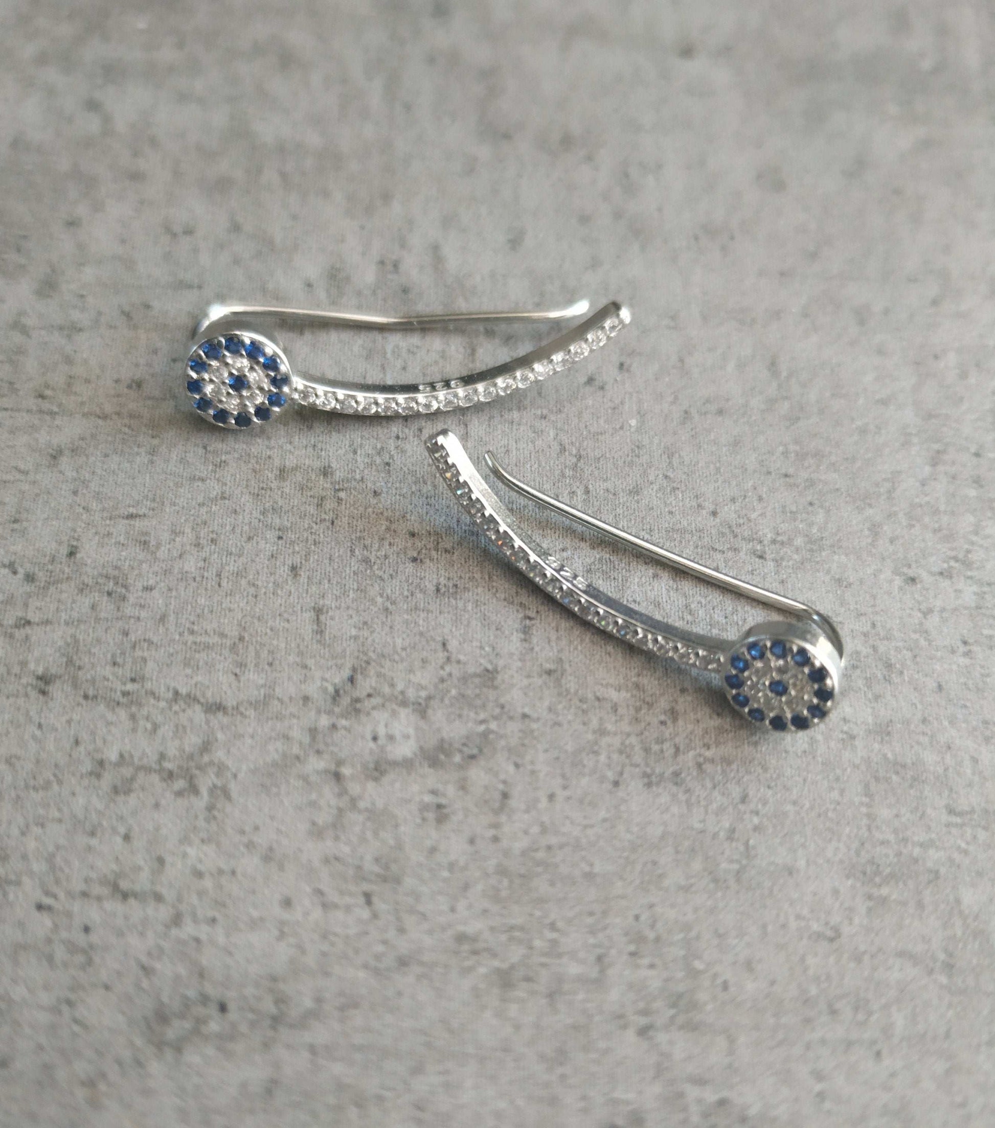 Evil Eye Earrings, Crawlers, Climbers, Sterling Silver, Zircons