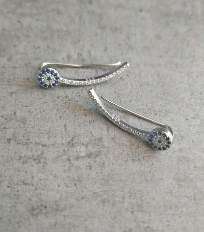 Evil Eye Earrings, Crawlers, Climbers, Sterling Silver, Zircons