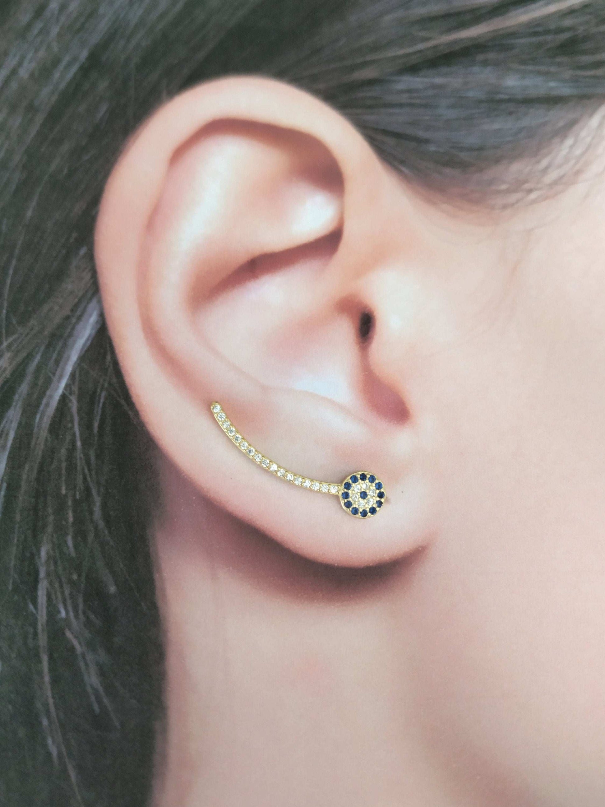 Evil Eye Earrings, Crawlers, Climbers, Sterling Silver, Zircons