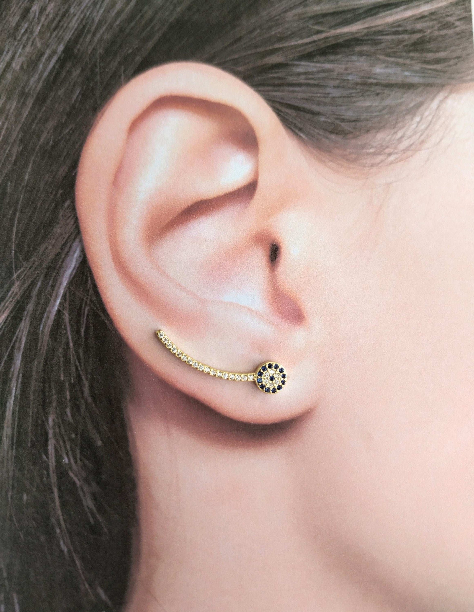 Evil Eye Earrings, Crawlers, Climbers, Sterling Silver, Zircons