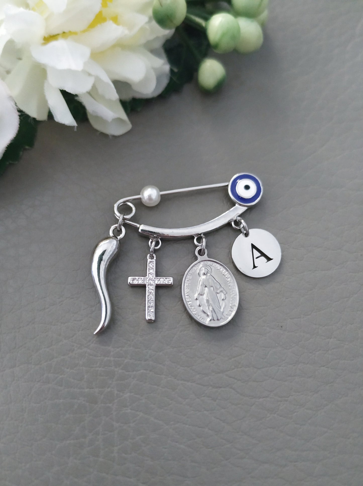 Silver Italian Horn Lucky Charm Safety Pin, Personalized Baby Pin