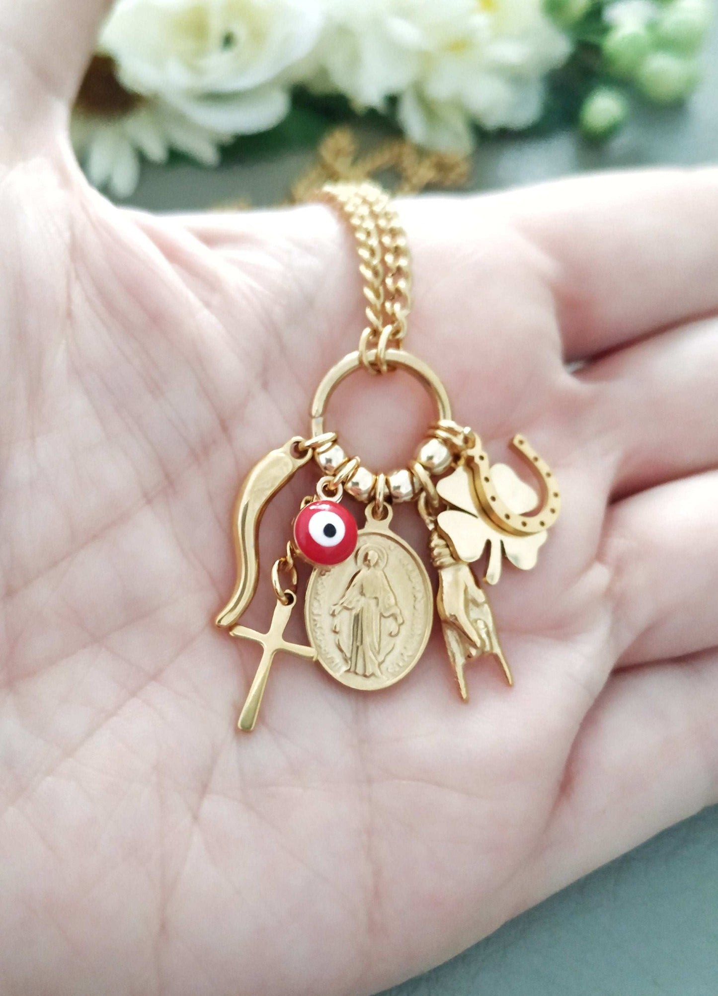 Italian Good Luck Charms Necklace, Mano Cornuto Cornicello Protection Amulet Jewelry