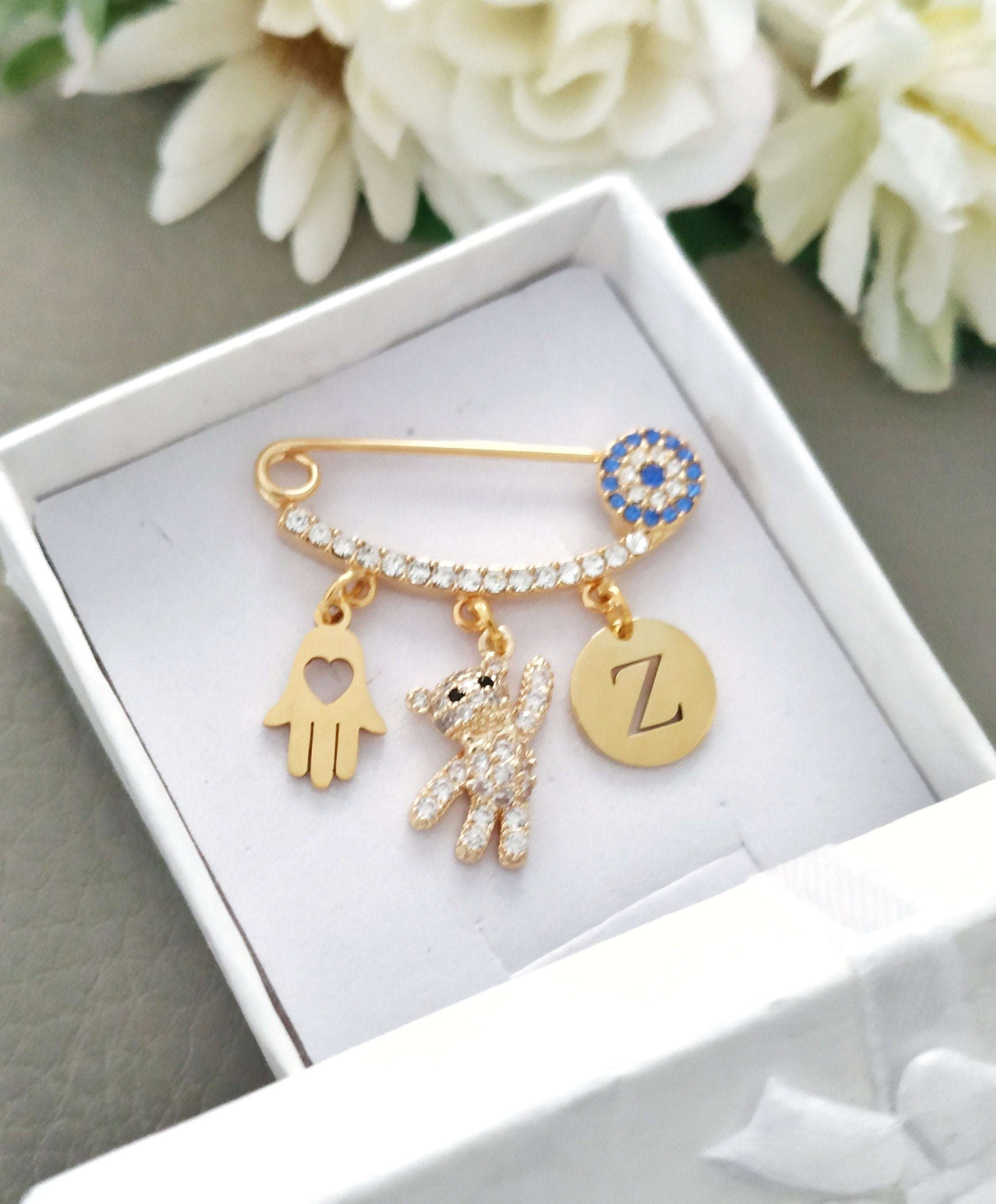 Bespoke Baby Pin with cute Teddy Bear, Evil Eye Protection for babies