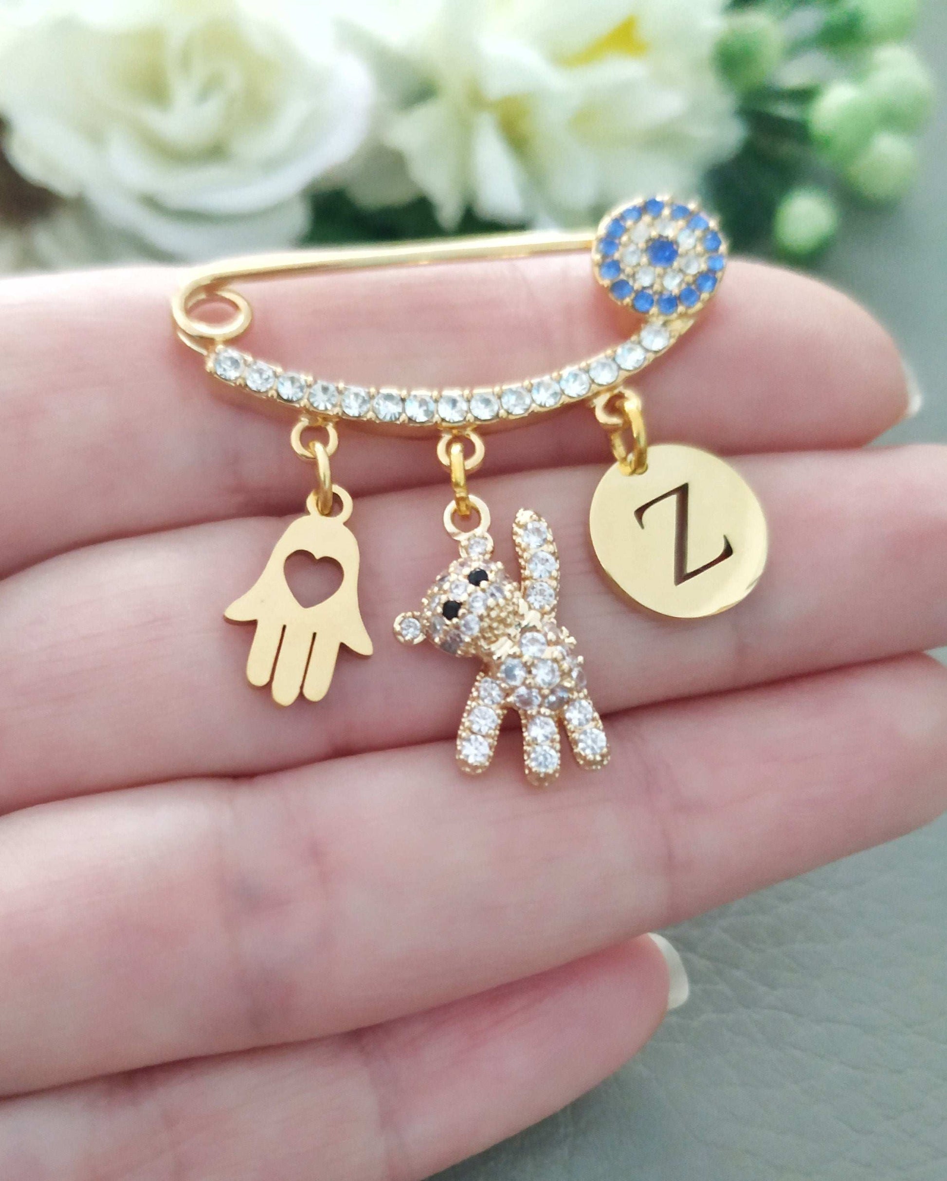 Bespoke Baby Pin with cute Teddy Bear, Evil Eye Protection for babies