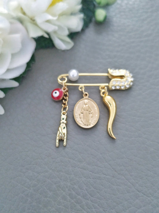 Cornuto Pin Brooch, Gift for Baby, Italian Hand Pins, Gold Italian Horn Charm Cornicello, Spille da Balia Portafortuna