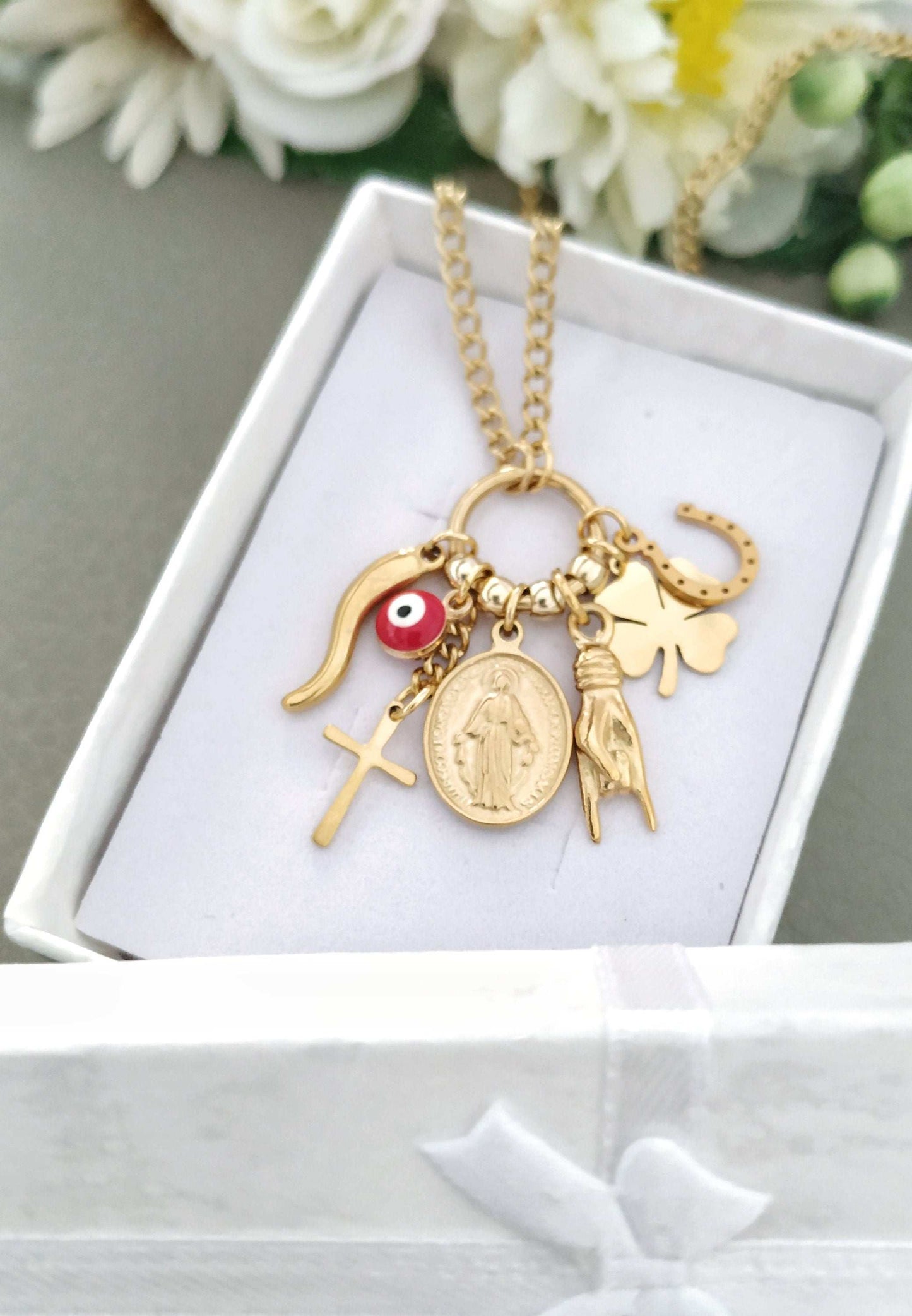 Italian Good Luck Charms Necklace, Mano Cornuto Cornicello Protection Amulet Jewelry