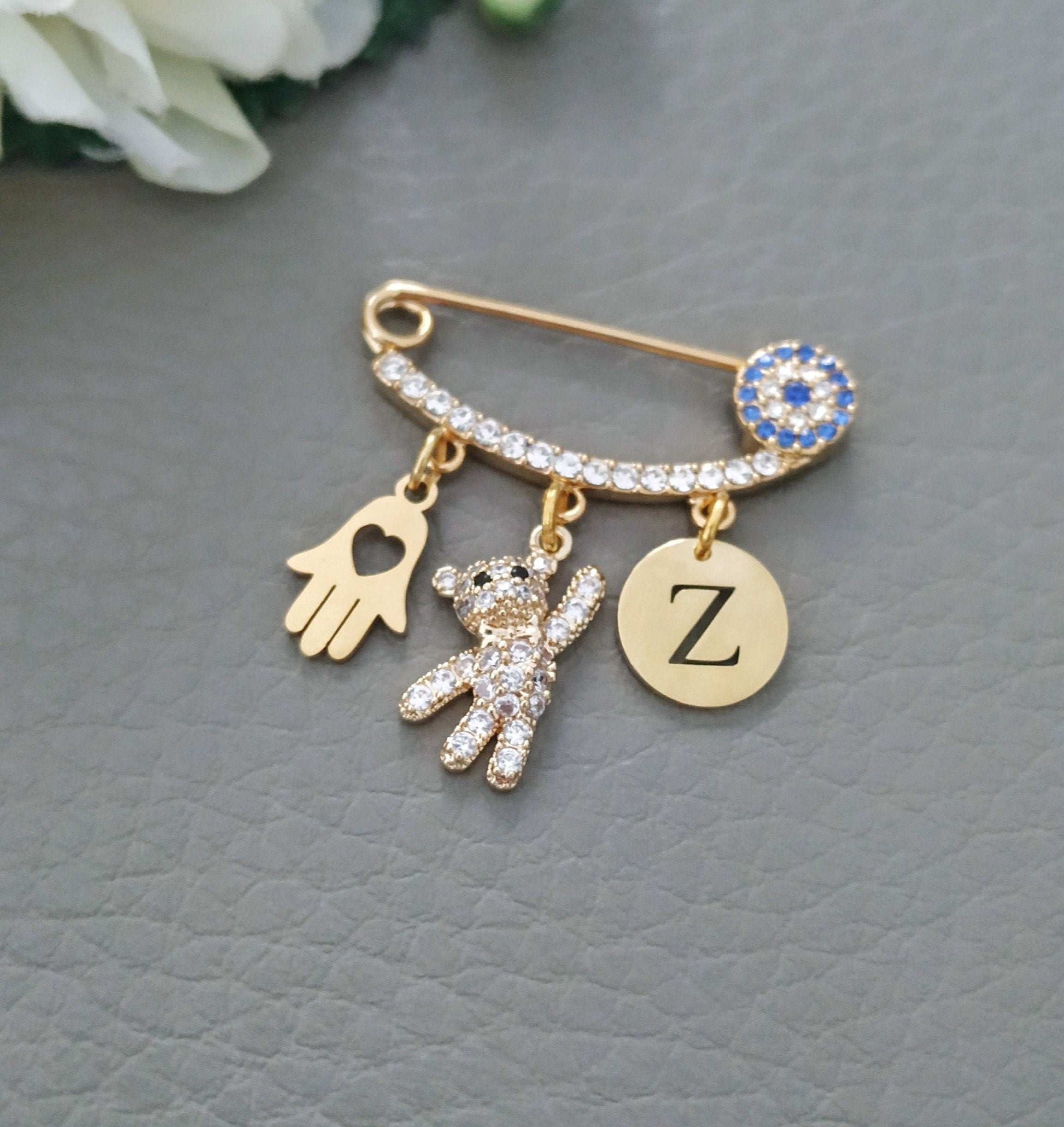Bespoke Baby Pin with cute Teddy Bear, Evil Eye Protection for babies
