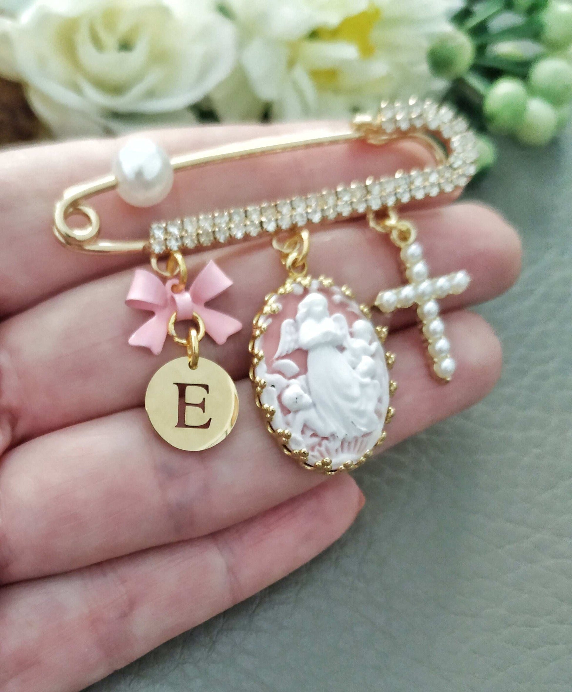 Guardian Angel Watch Over Protect Baby Pin Brooch, Custom Boy Girl Christening Baptism Gifts, Gold Angel Safety Pin, Baby Keepsake