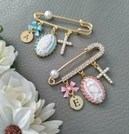 Personalized Baptism Pin, Virgin Mary Brooch Gold Blue Or Pink, Christening Gift, Cross Goddaughter Present, Godfather Godson Baptism Gift