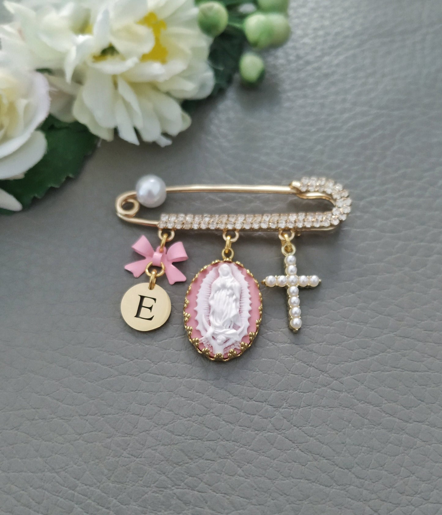 Personalized Baptism Pin, Virgin Mary Brooch Gold Blue Or Pink, Christening Gift, Cross Goddaughter Present, Godfather Godson Baptism Gift