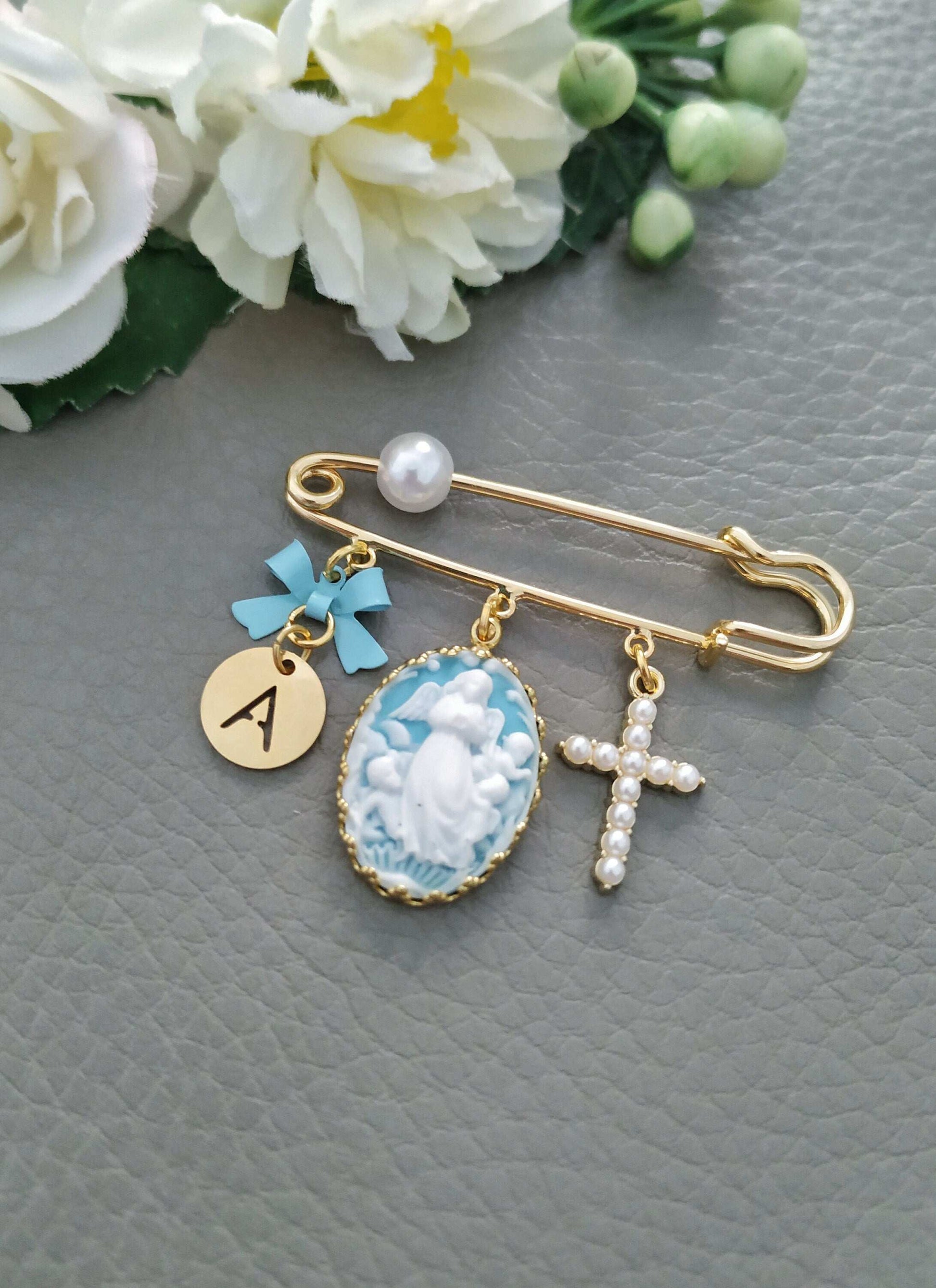 Guardian Angel Watch Over Protect Baby Pin Brooch, Custom Boy Girl Christening Baptism Gifts, Gold Angel Safety Pin, Baby Keepsake