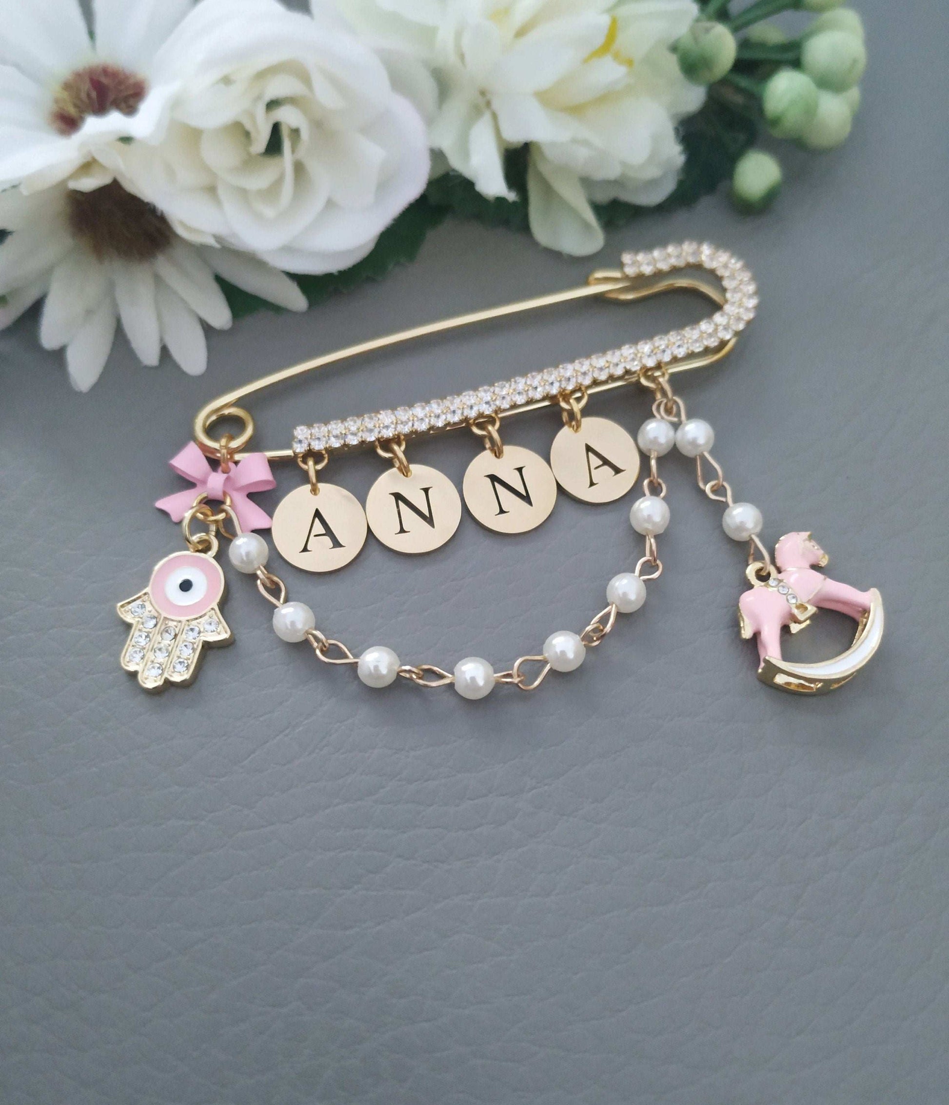 Personalized Pin for Newborn, Diamante Pearls Boy Girl Name Brooch, New Parents Gift